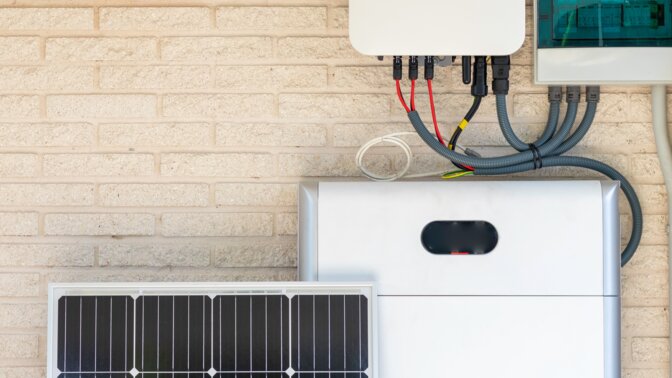 Front view of photovoltaic panel and battery instalation leaning on the beige white wall with no people renewable energy | © NOWRA photography / Adobe Stock